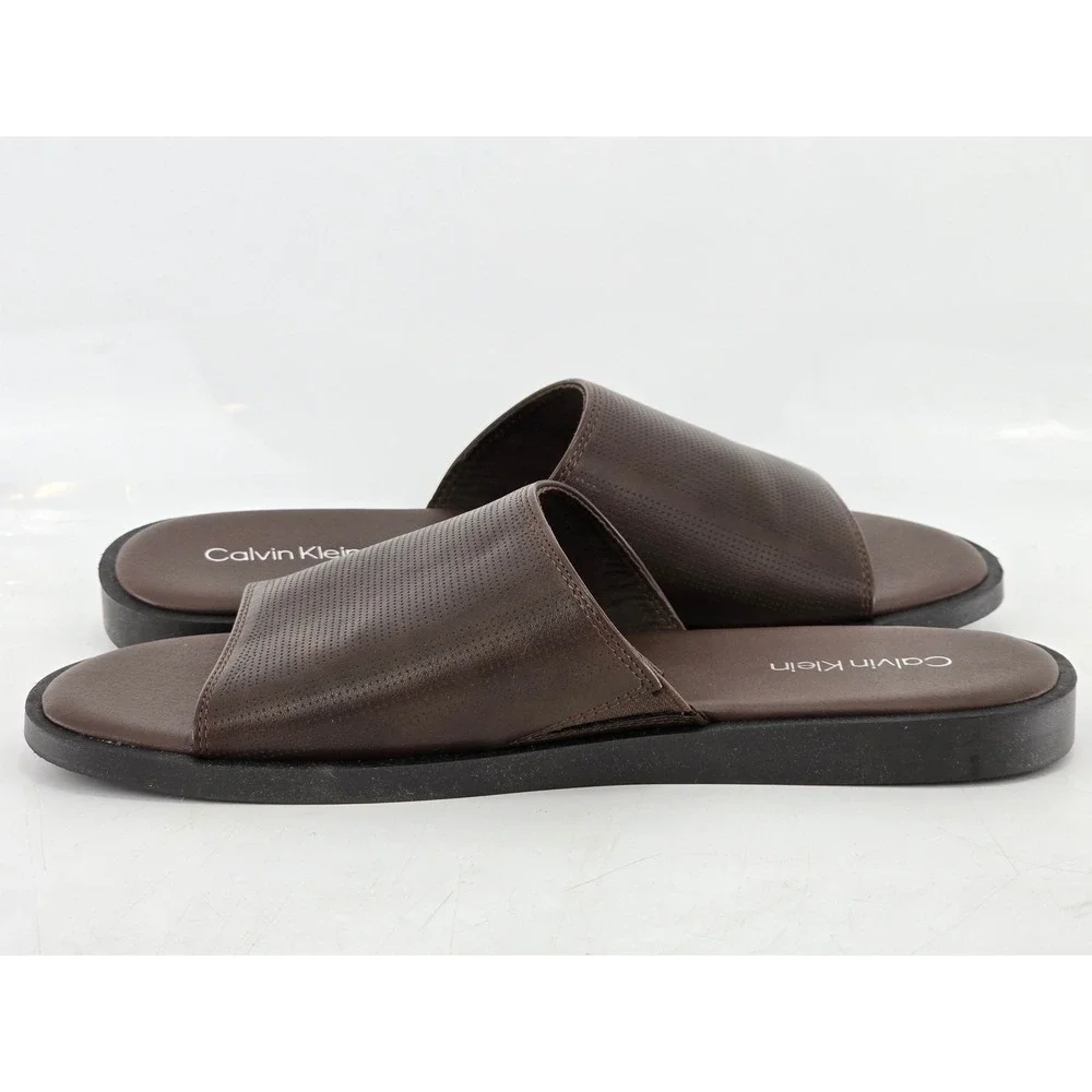 Calvin Klein Slide Sandals Mens Size 9 Brown Perforated Faux Leather -Excellent